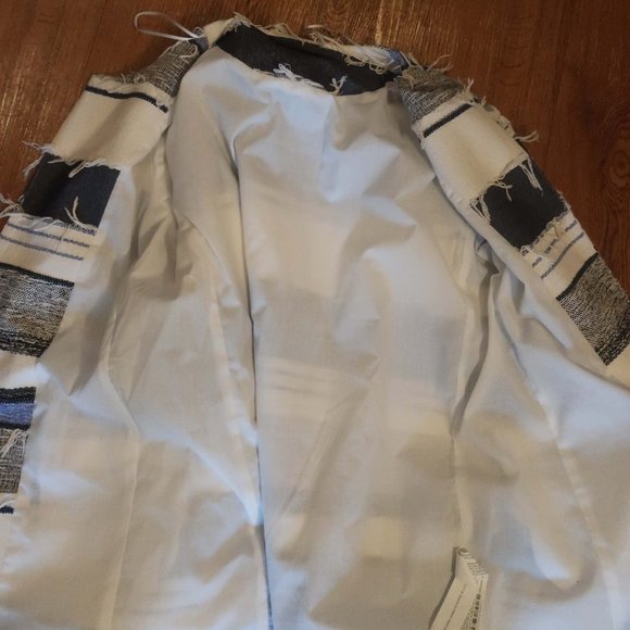 Womens Zara Basic Rustic Blue White Fringe Open Mid-Length Jacket L * - Picture 10 of 13